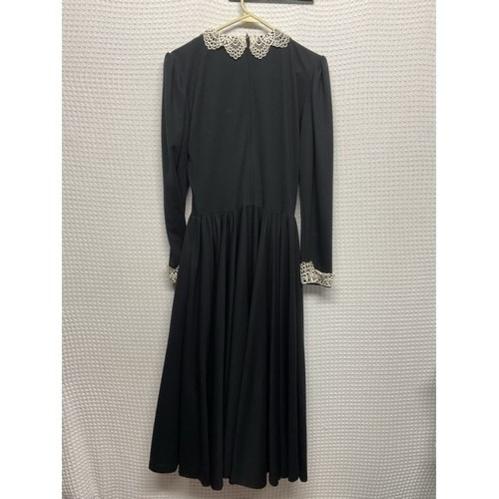 VTG Sabino Black Crochet Collar Cuff Waist Defined Midi Church Dress Women 12 US - Picture 6 of 10